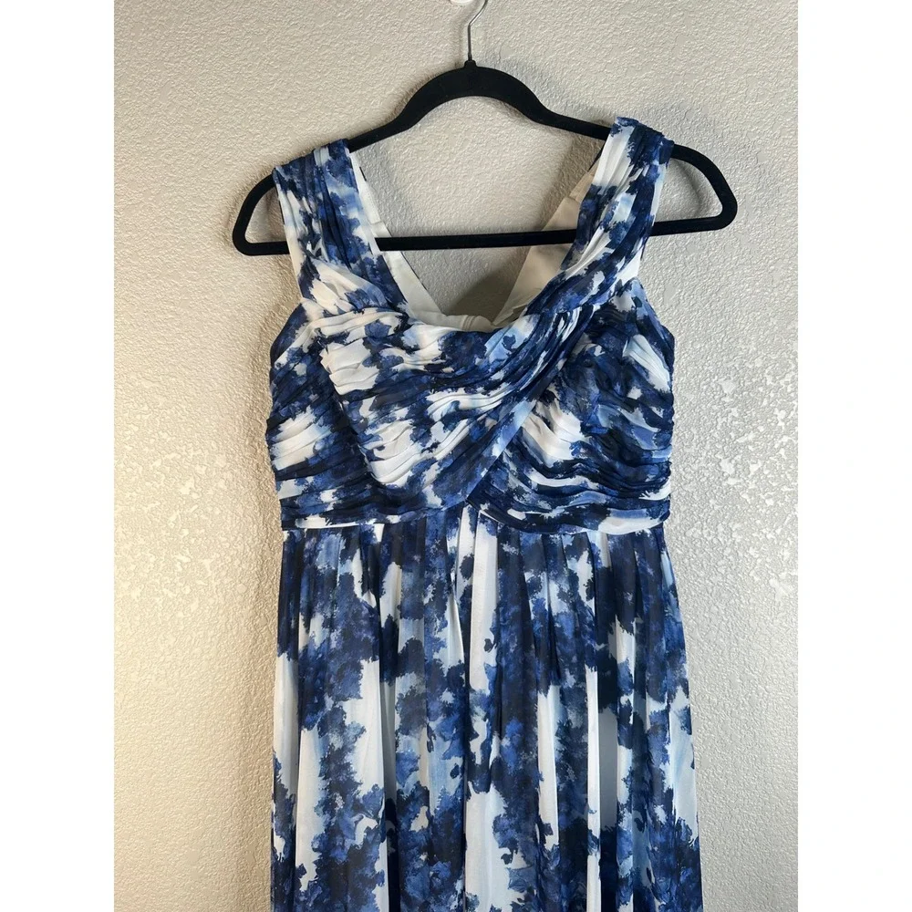 Shoshanna Midnight Women's Blue White Floral Pleated Chiffon Maxi Gown Size 6
